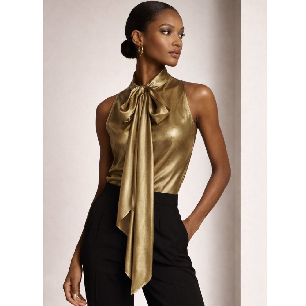 Ralph Lauren Black Label Liquid Gold Sleeveless Tie Blouse